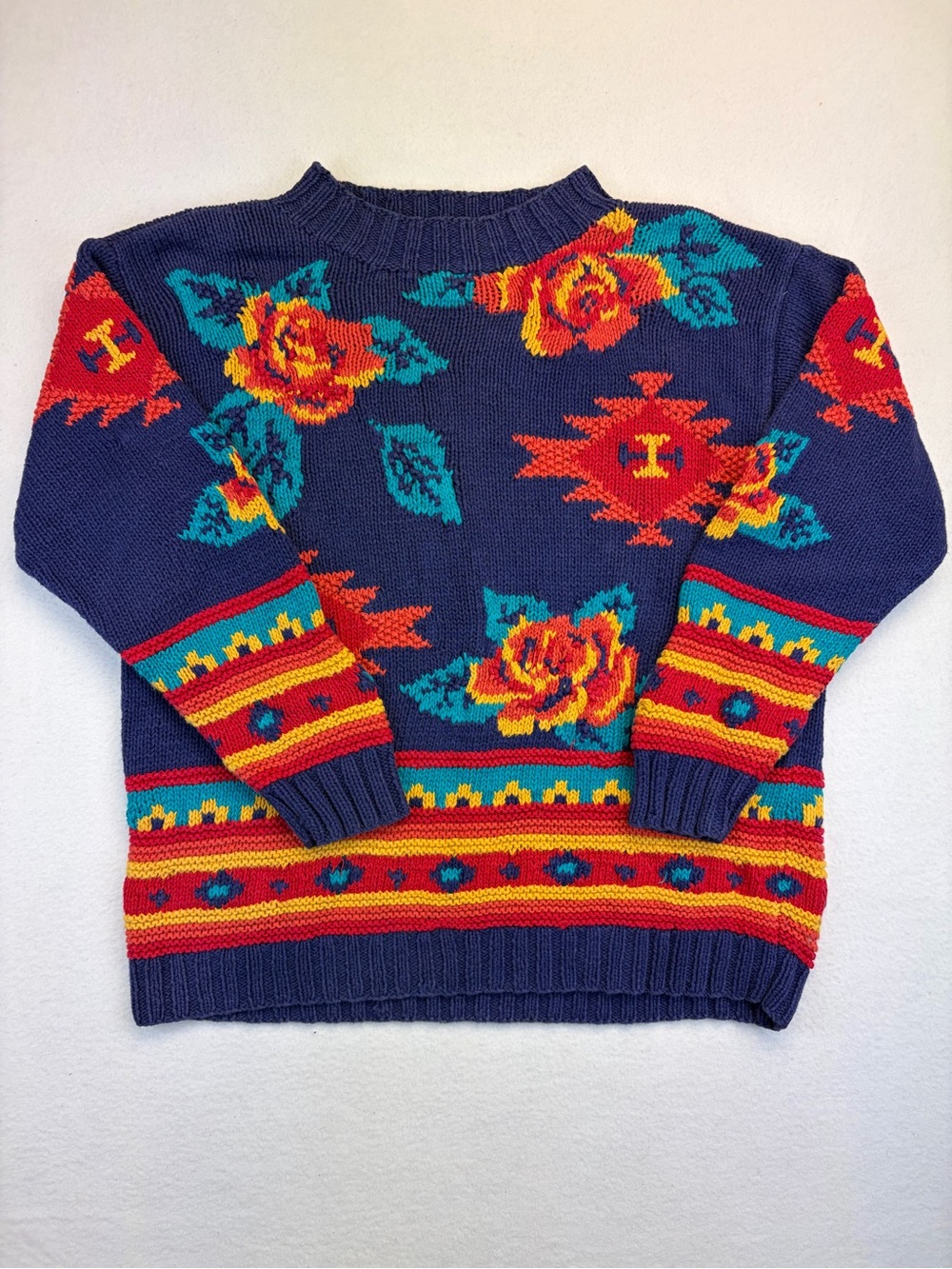 Vintage Amanda Braendel Floral Aztec Handknit Chunky Knit Sweater Medium Bold